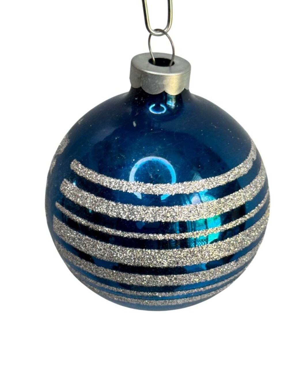 Vintage USA Blue Silver Glitter Stripe Glass Christmas Ornament 2 1/2" - Picture 3 of 6
